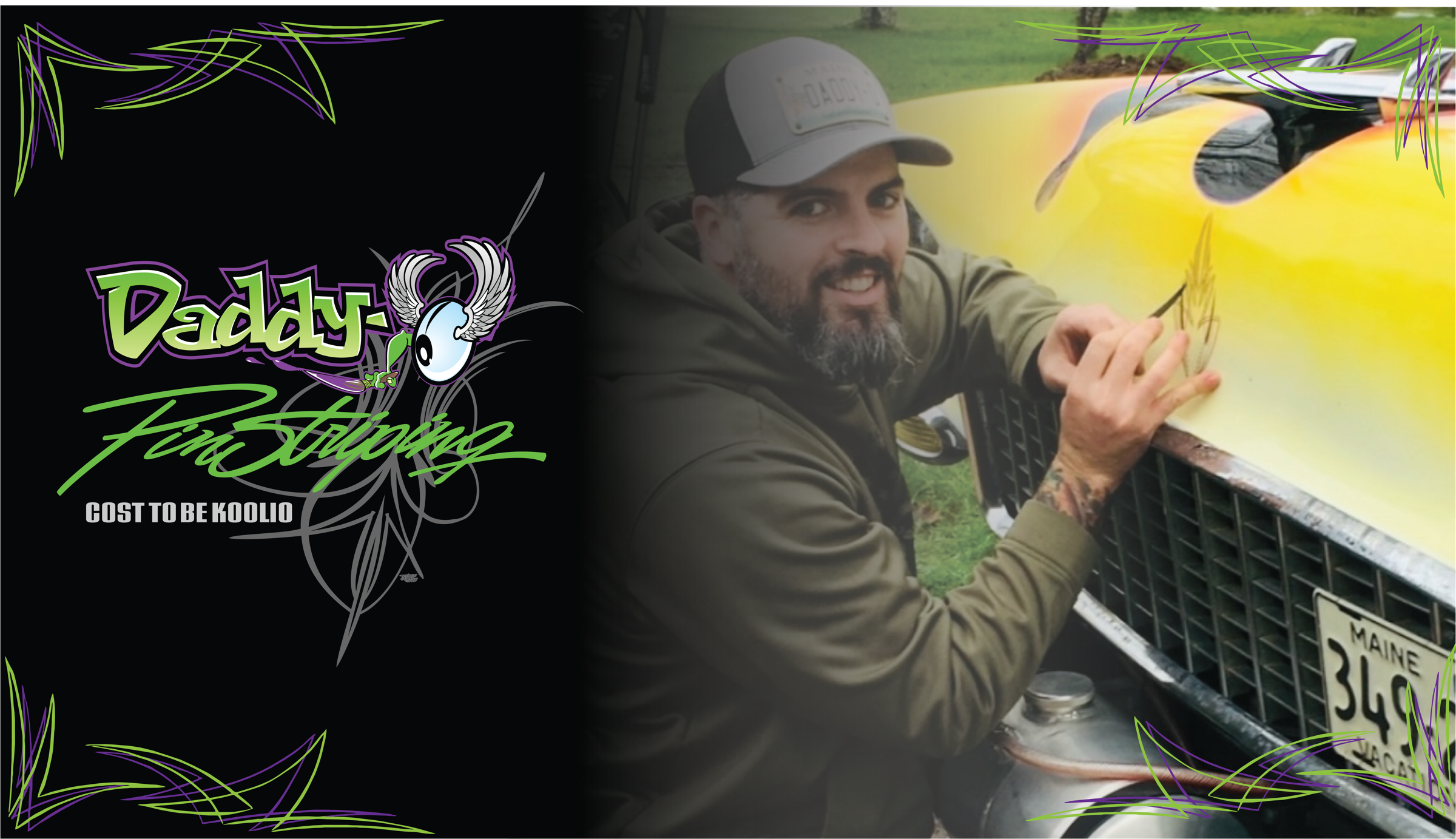 Daddy-O Pinstriping hero artwork with Lucas Sassman striping a yellow vehicle