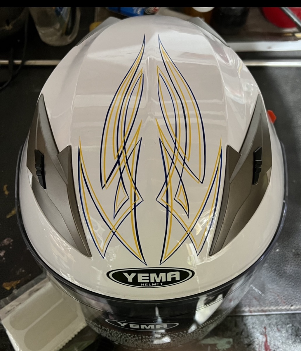 Custom pinstriped white helmet
